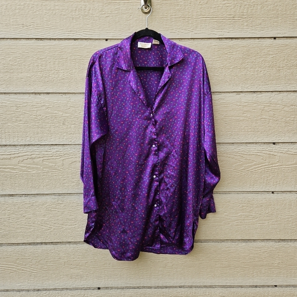 vintage Victoria's Secret gold label purple patterned satin sleep shirt M/L